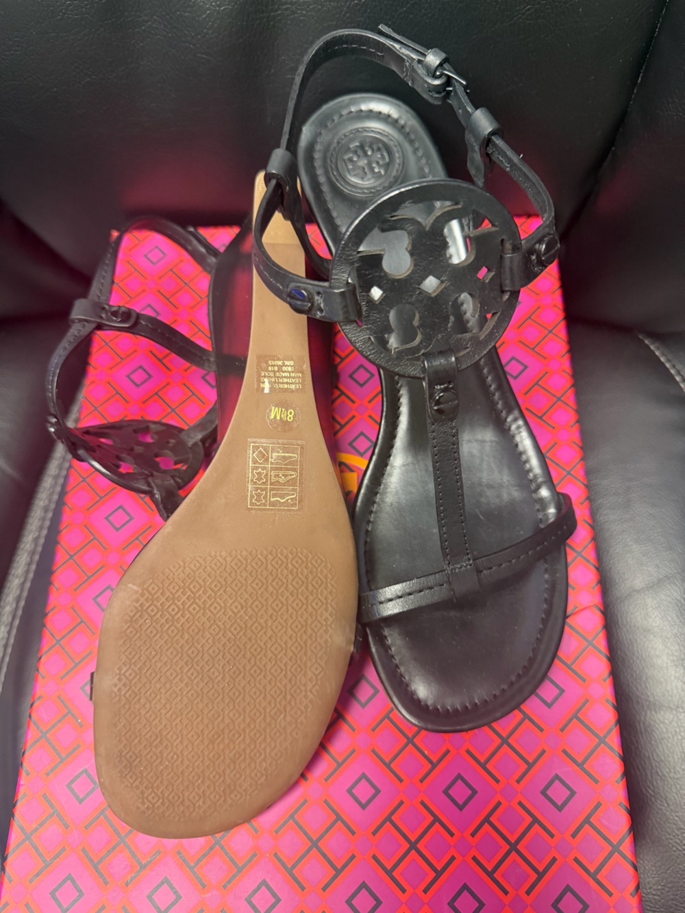 Tory Burch Miller Wedge Sandals Black Leather Logo Size 8.5 - Picture 2 of 5